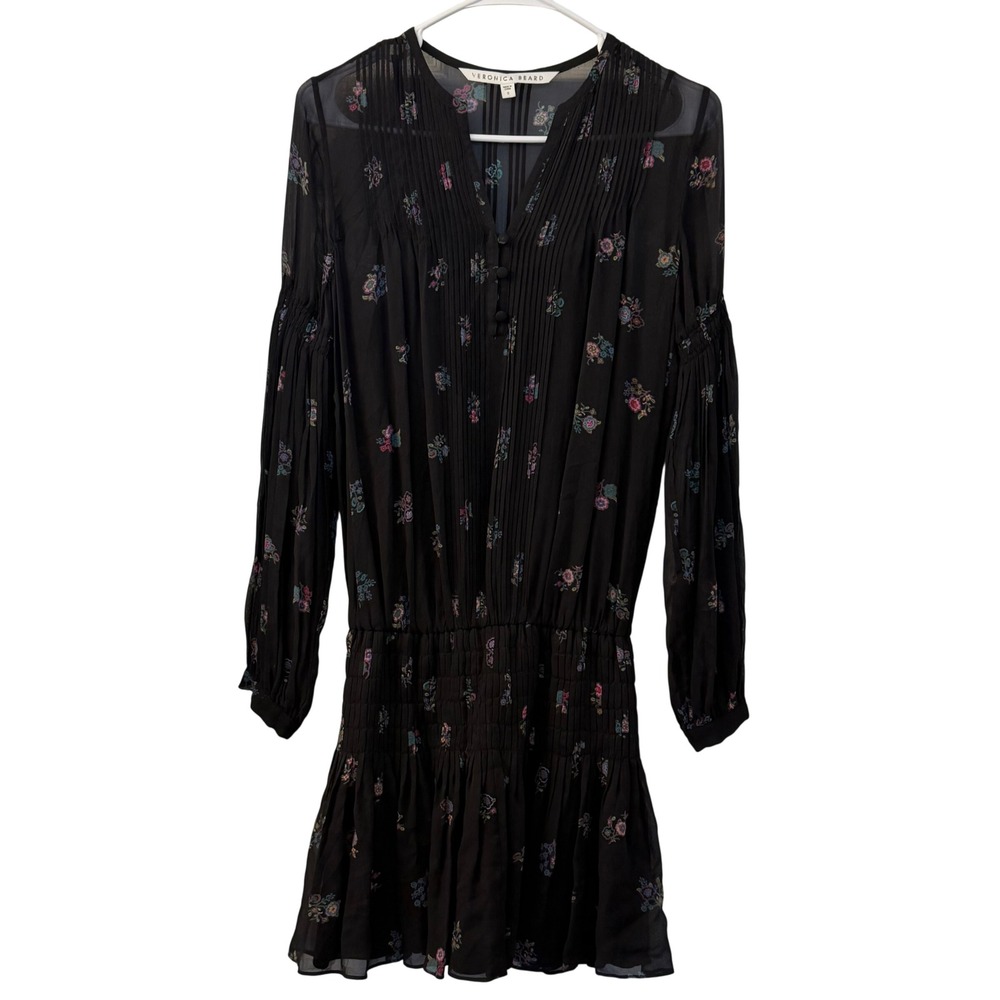 Veronica Beard Black Floral Sheer Silk Smocked Waist Mini‎ Dress Size 0
